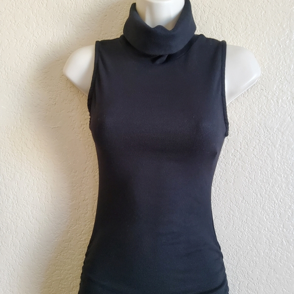 New Michael Stars Macy Ultra Rib Ruched Black Bodycon Turtleneck Mini Dress XSP - Picture 4 of 11